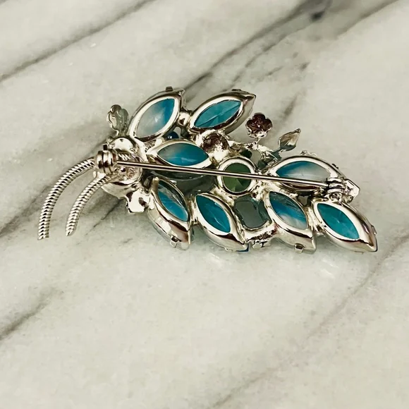 Vintage Blue Crystal Brooch Prong Set Navettes Green Pink Accent Enamel Flower